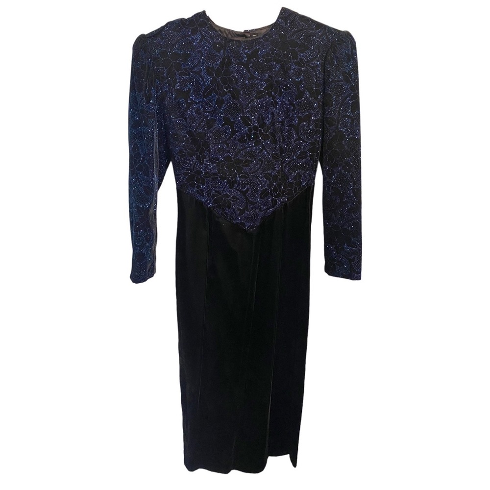 VTG 80s Scott McClintock Prom Dress Black Velvet Blue Glitter Open Back Size 8